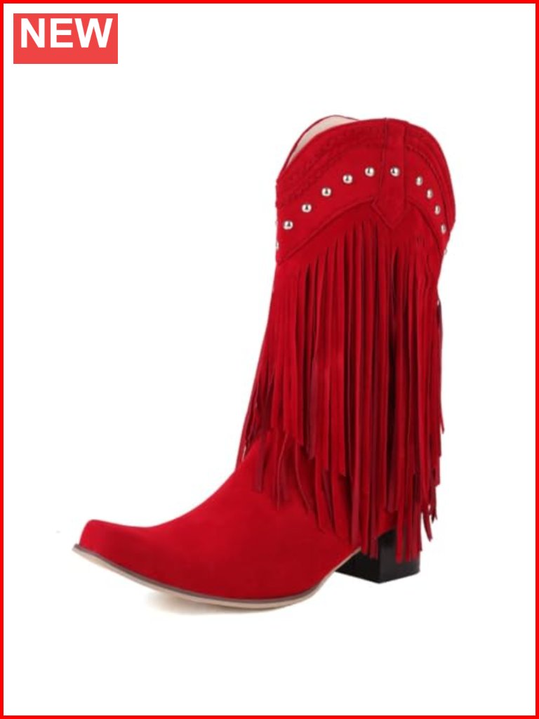 Faux Suede Mid Calf Fringe Boots With Chunky Heel
